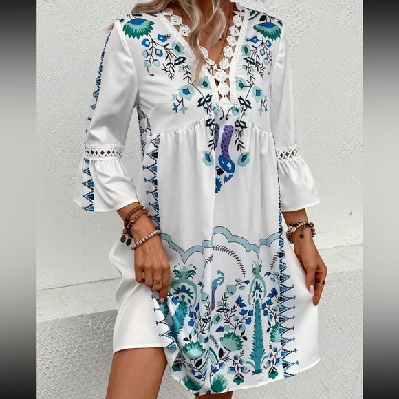 Boho Floral Peacock Print Guipure Crochet Lace Flounce Sleeve Dress White - Picture 6 of 6